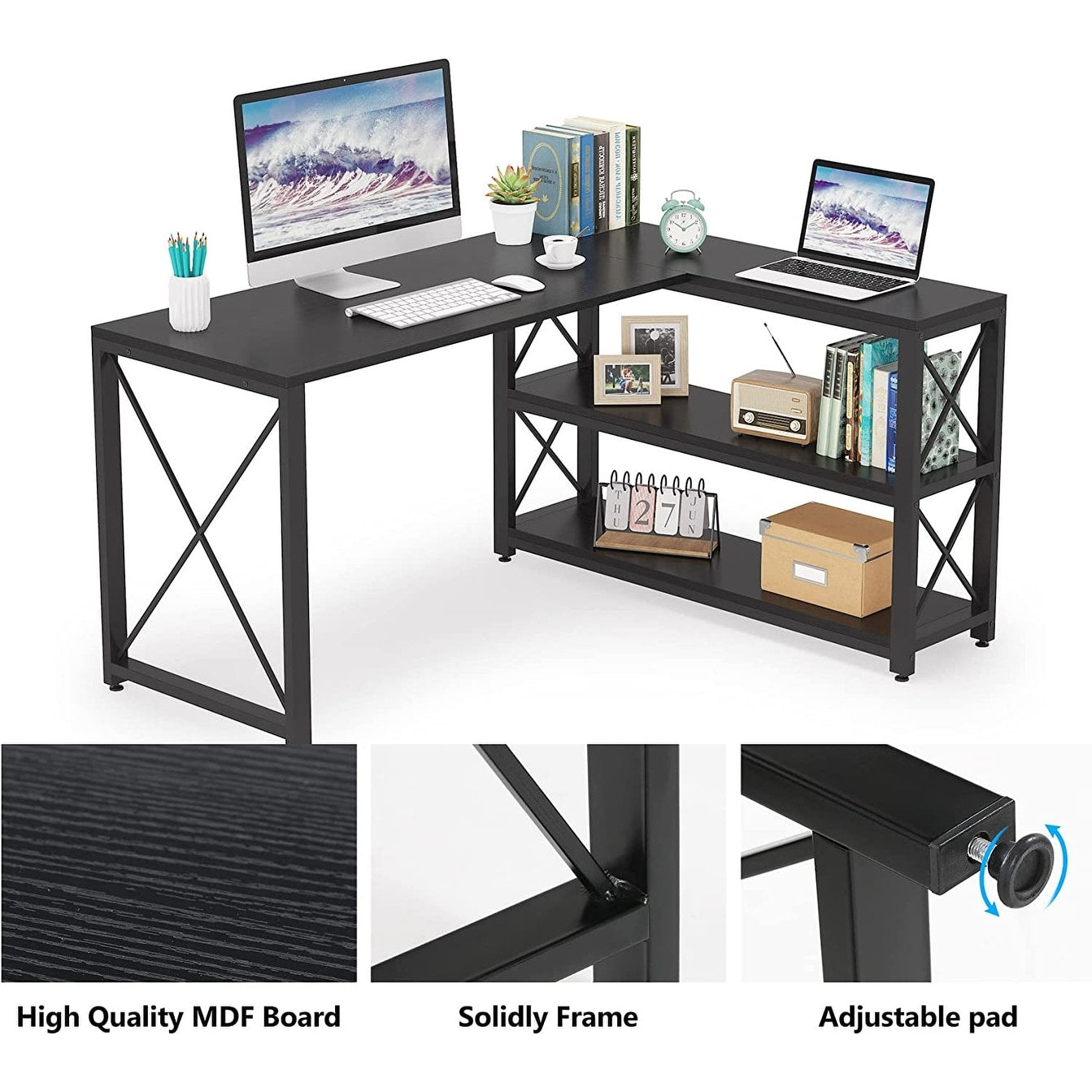Industrial L-Shaped Desk with Storage Shelves, Corner Computer Desk PC Laptop Study Table Workstation