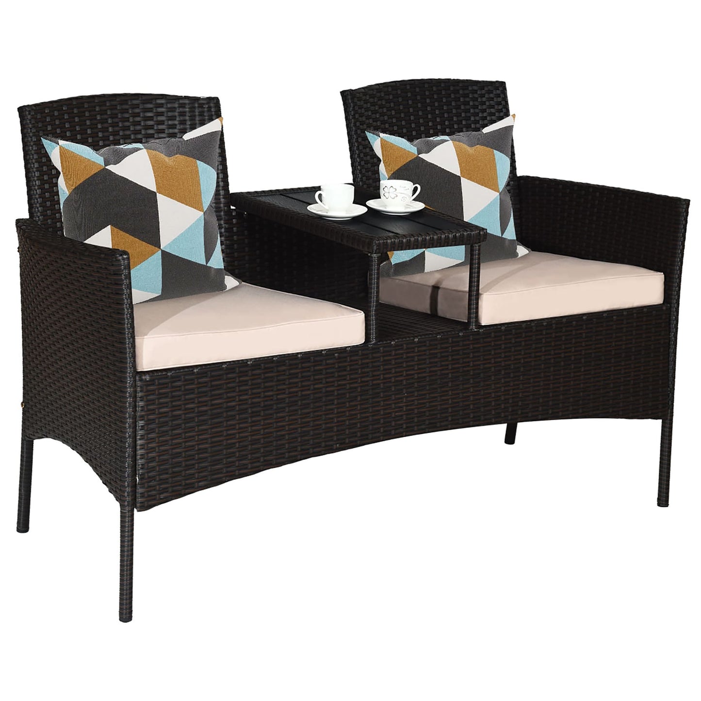 Patio Rattan Conversation Set Loveseat Sofa Cushioned Coffee