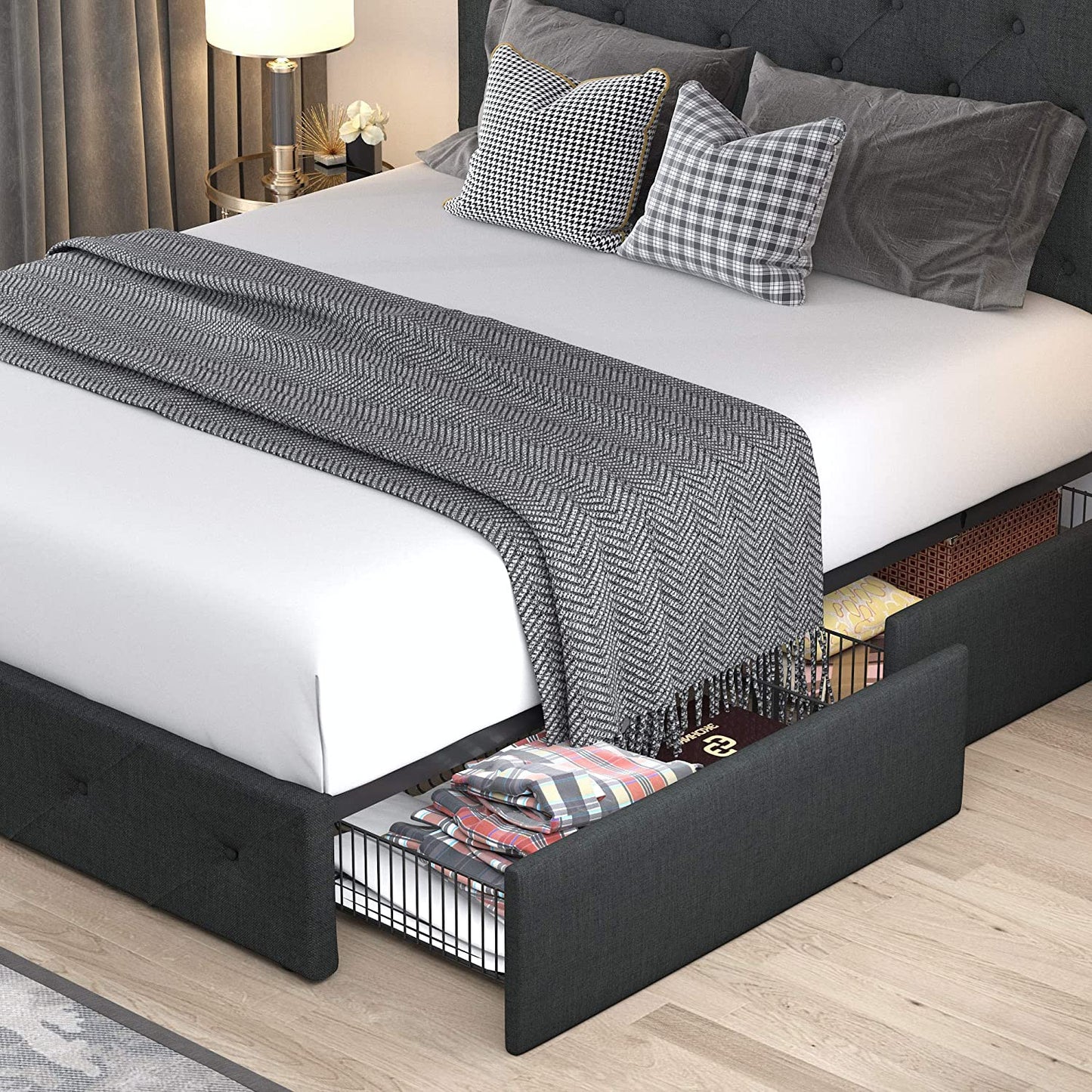 Queen Platform Bed Frame with 4 Drawers Storage and Headboard, Diamond Stitched Button Tufted Upholstered Mattress Foundation with Wood Slat Support, Dark Grey