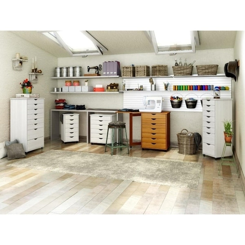 White Solid Wood 6-Drawer Wide Roll Cart