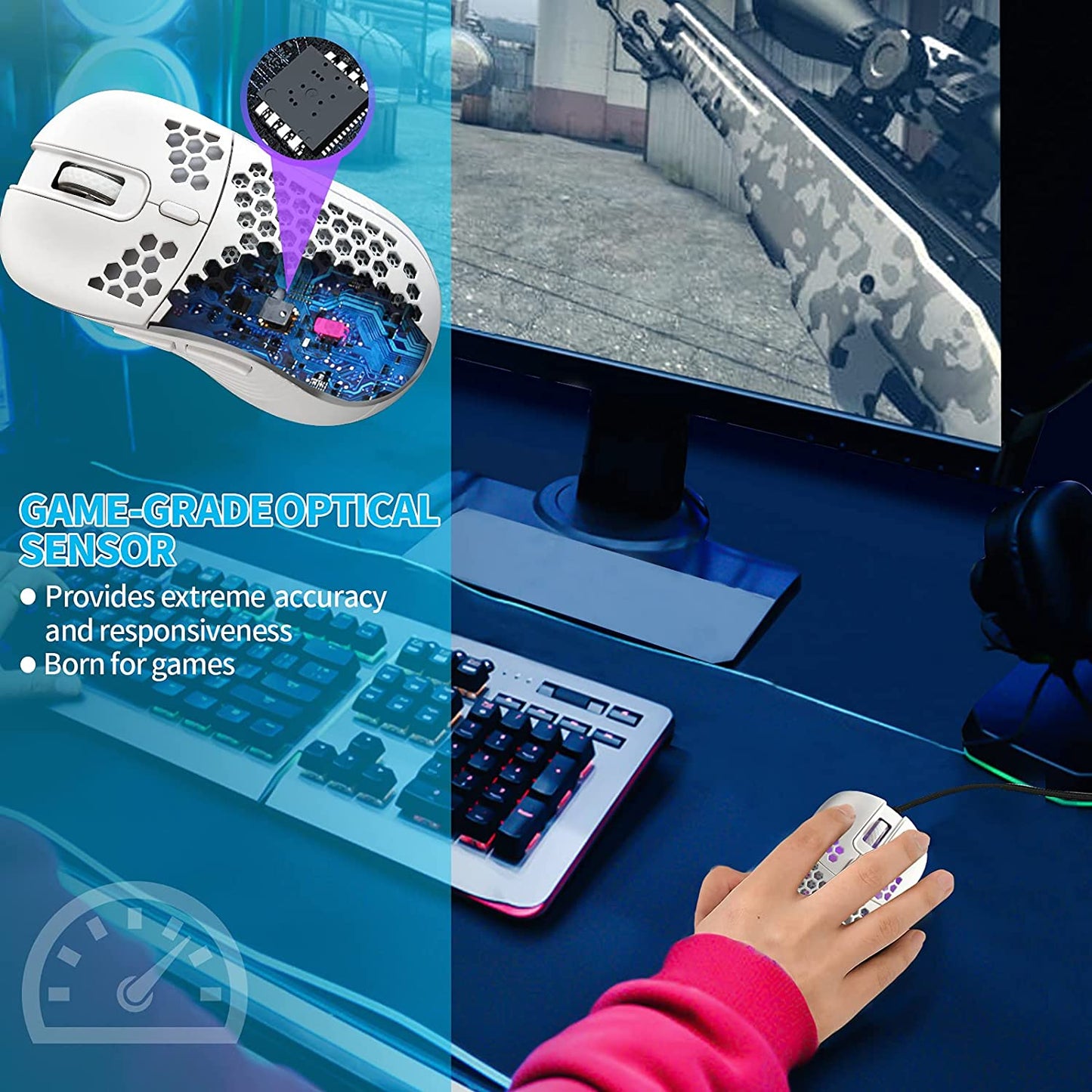 Honeycomb Wired Gaming Mouse, RGB Backlight and 7200 Adjustable DPI, Ergonomic and Lightweight USB Computer Mouse with High Precision Sensor for Windows PC & Laptop Gamers (White)