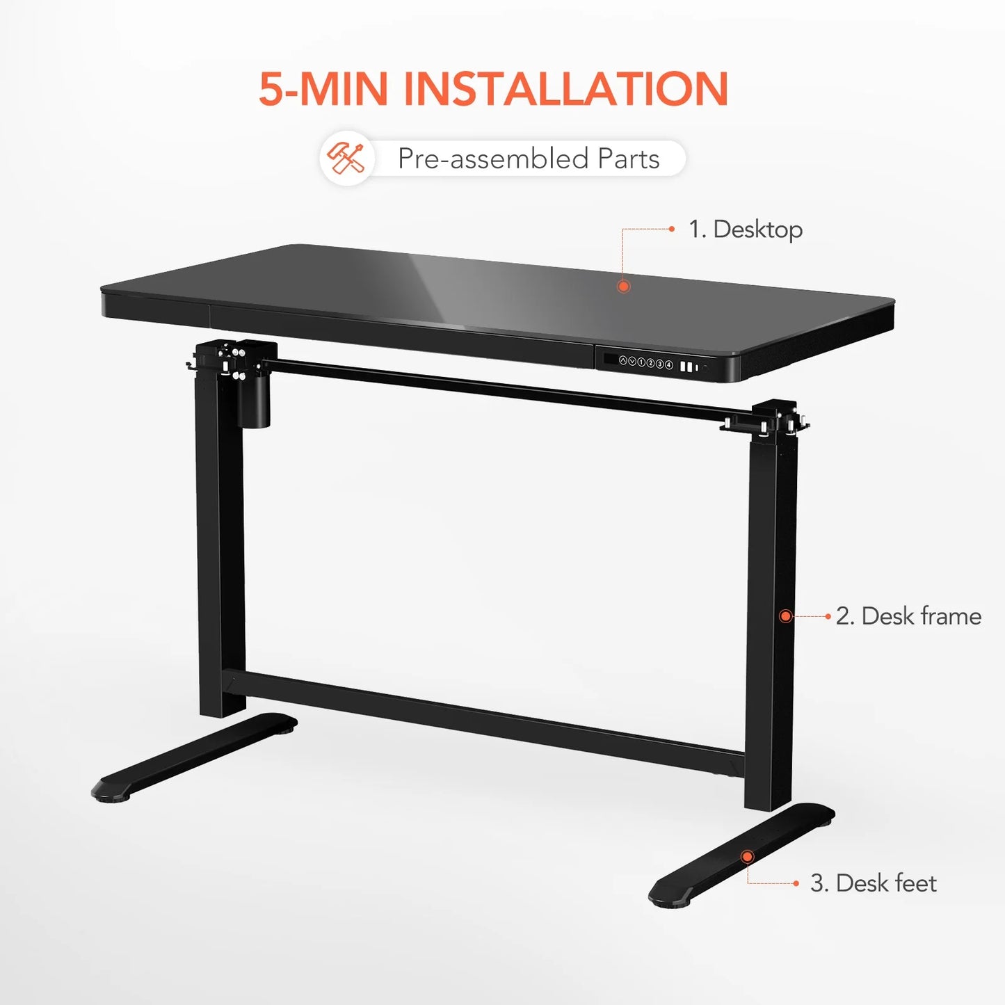 Home Office Electric Height Adjustable Desk 48" Width Standing Desk Computer Desk Glass Top with Drawer, USB Charged