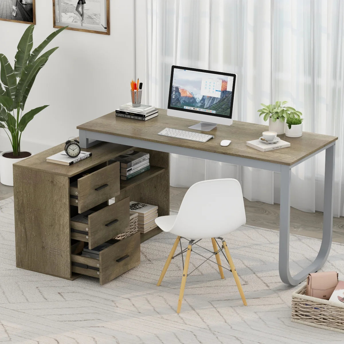 L-Shaped Executive Desk with 3 Drawers for Home and Office