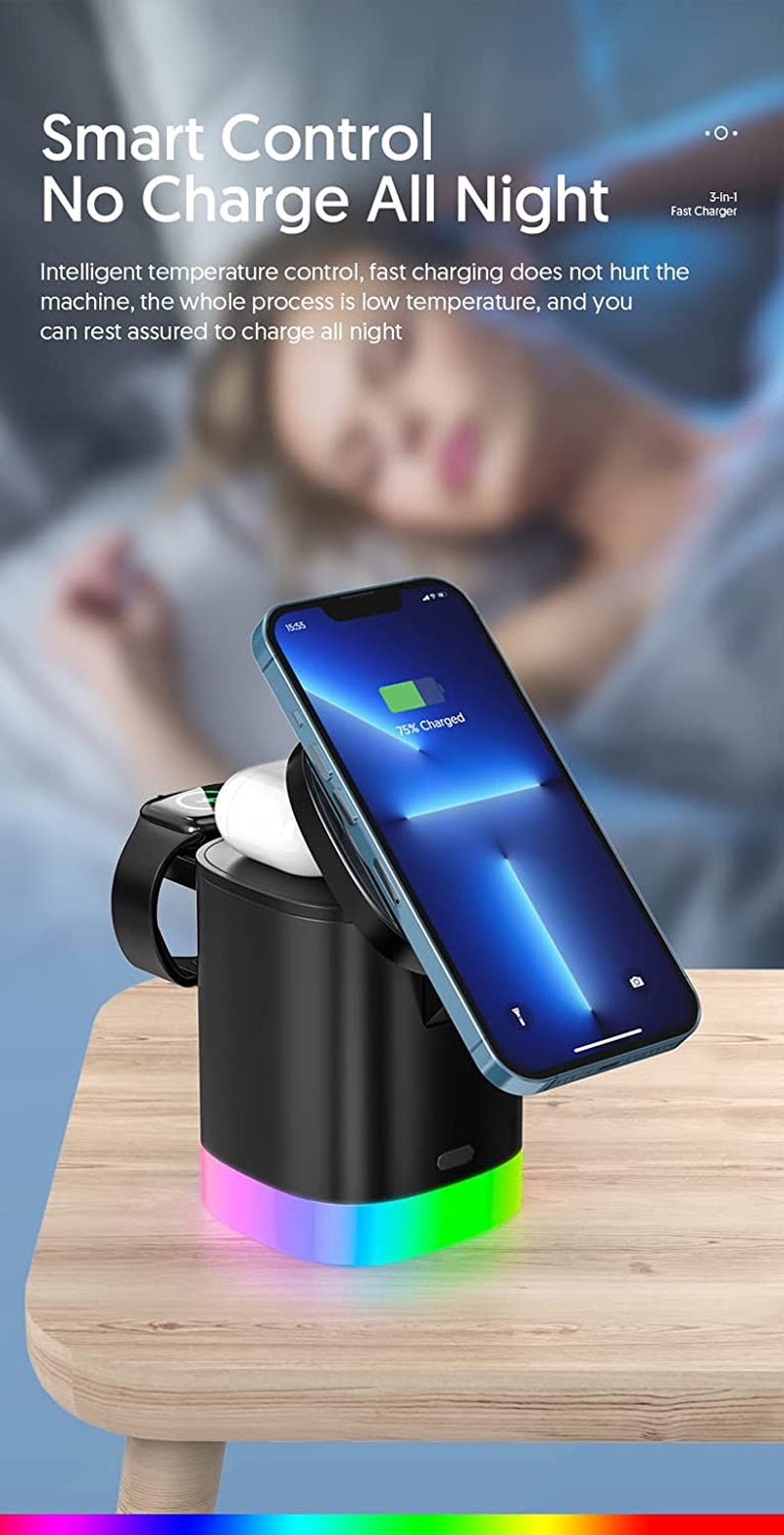 Magnetic Wireless Charging Station for Apple Series 3 in 1 Fast Mag-Safe Wireless Charger Stand for iPhone
