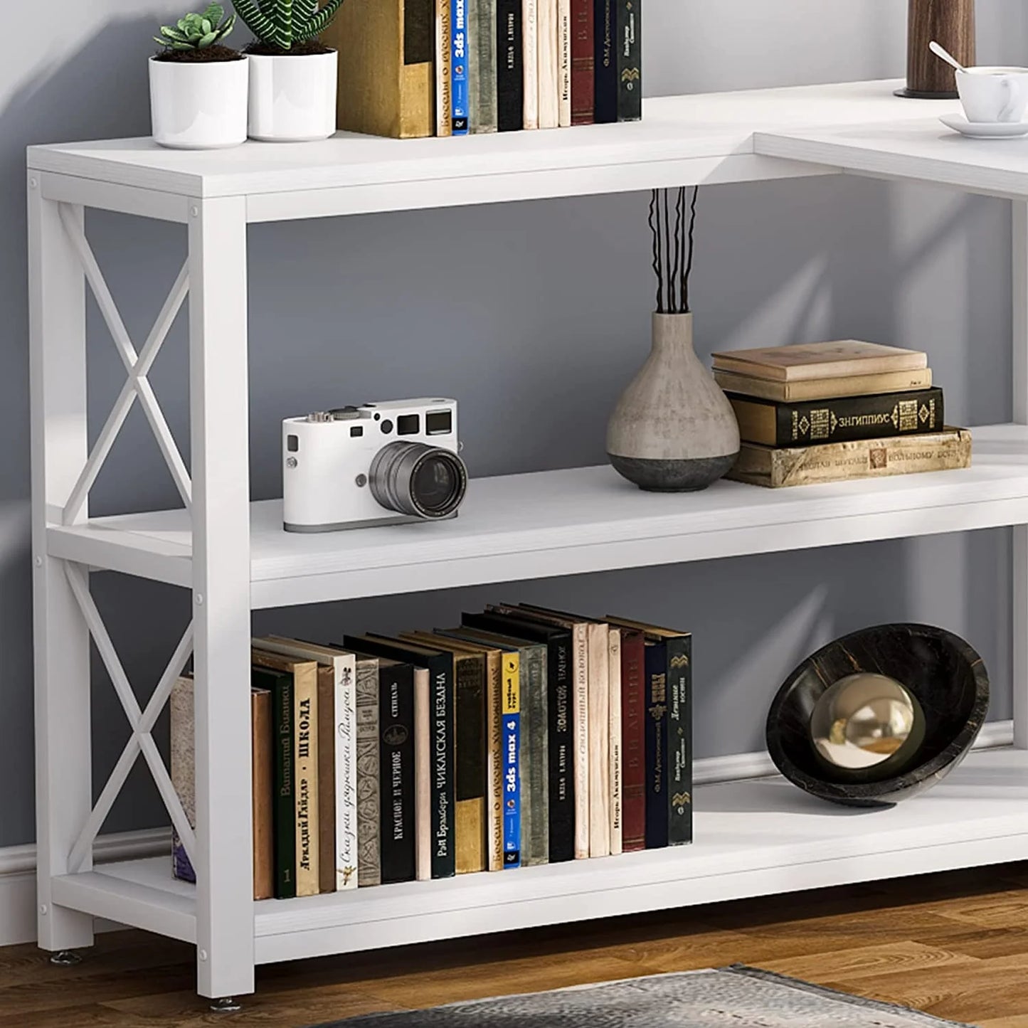 Industrial L-Shaped Desk with Storage Shelves, Corner Computer Desk PC Laptop Study Table Workstation