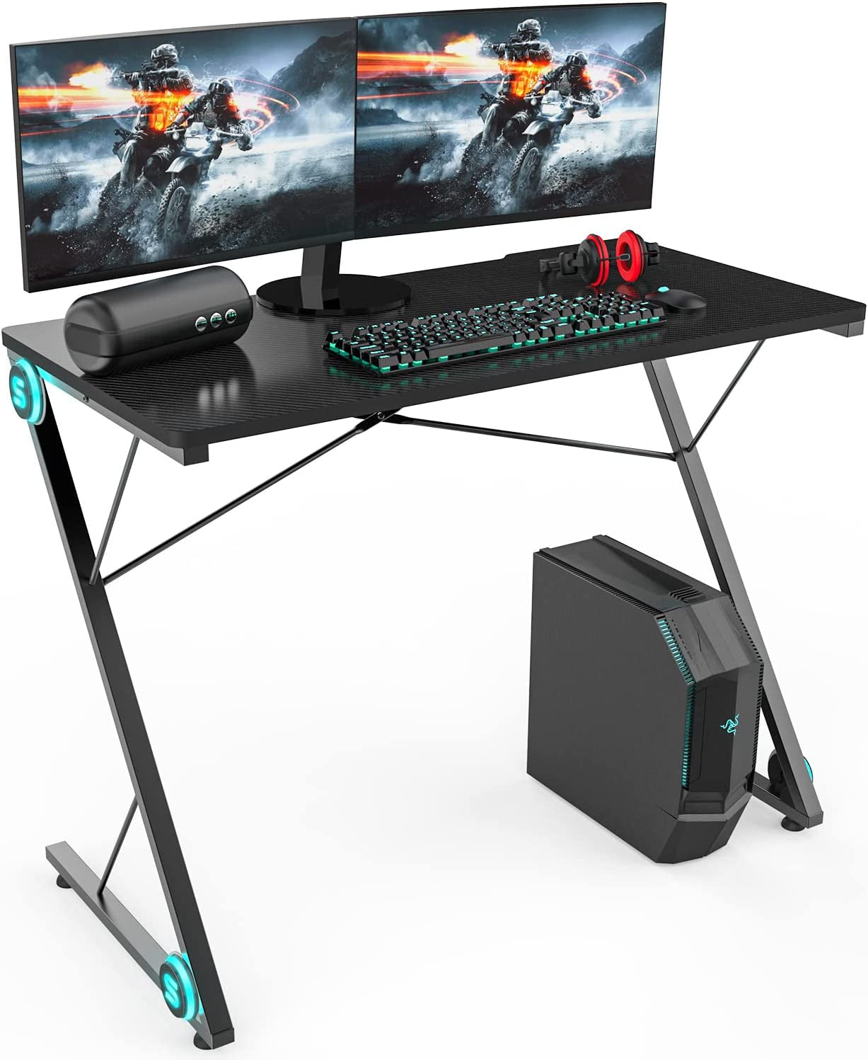 Gaming Desk, Z-Shaped Computer Desk PC Gaming Table, Black Gaming Desk with LED Lights, Home Office Work Desk for Small Spaces