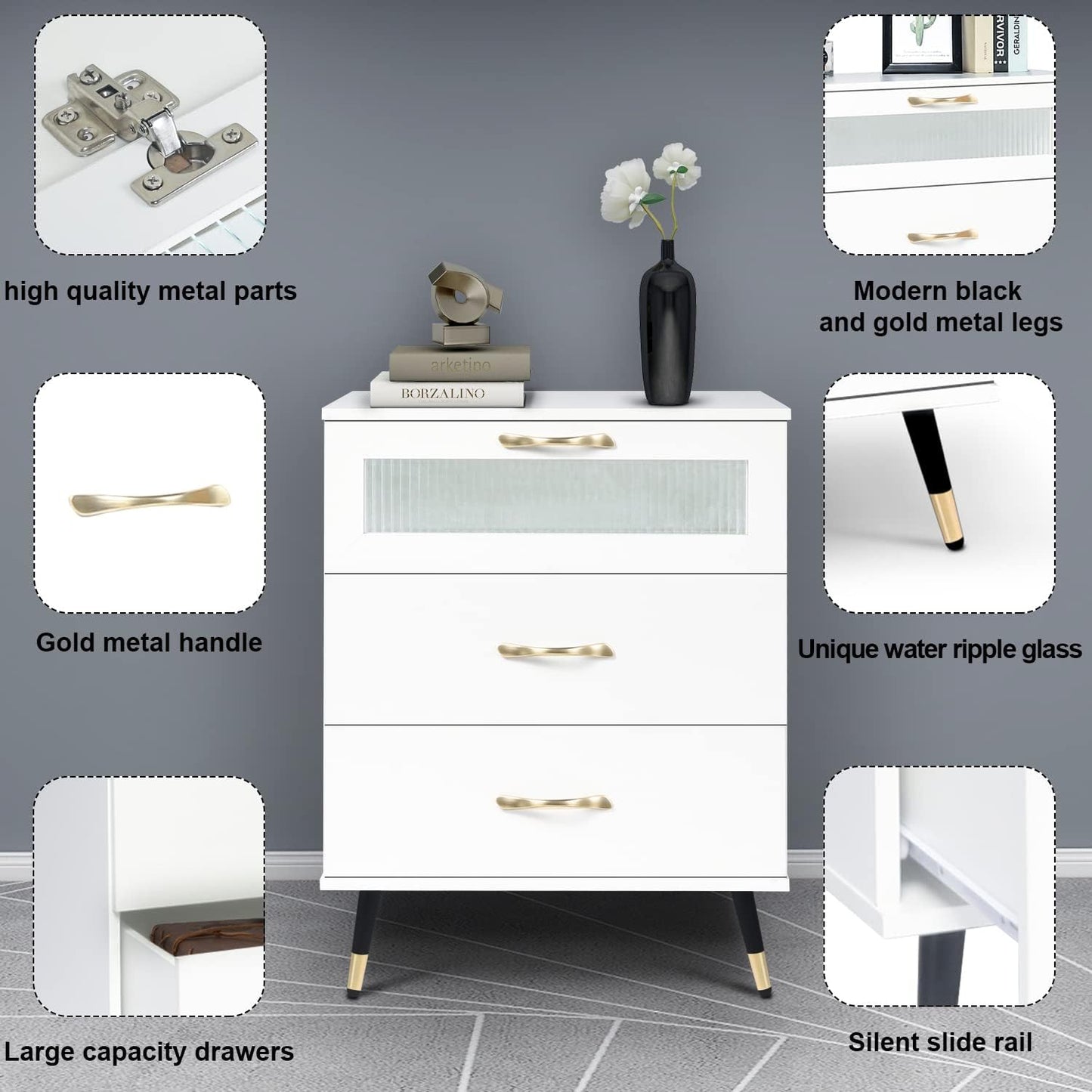 White Nightstand Set of 2 Modern 3 Drawer Nightstand with Glass Door, Gold Leg and Handle, Bedside Cabinet Furniture Side Table Chest for Bedroom