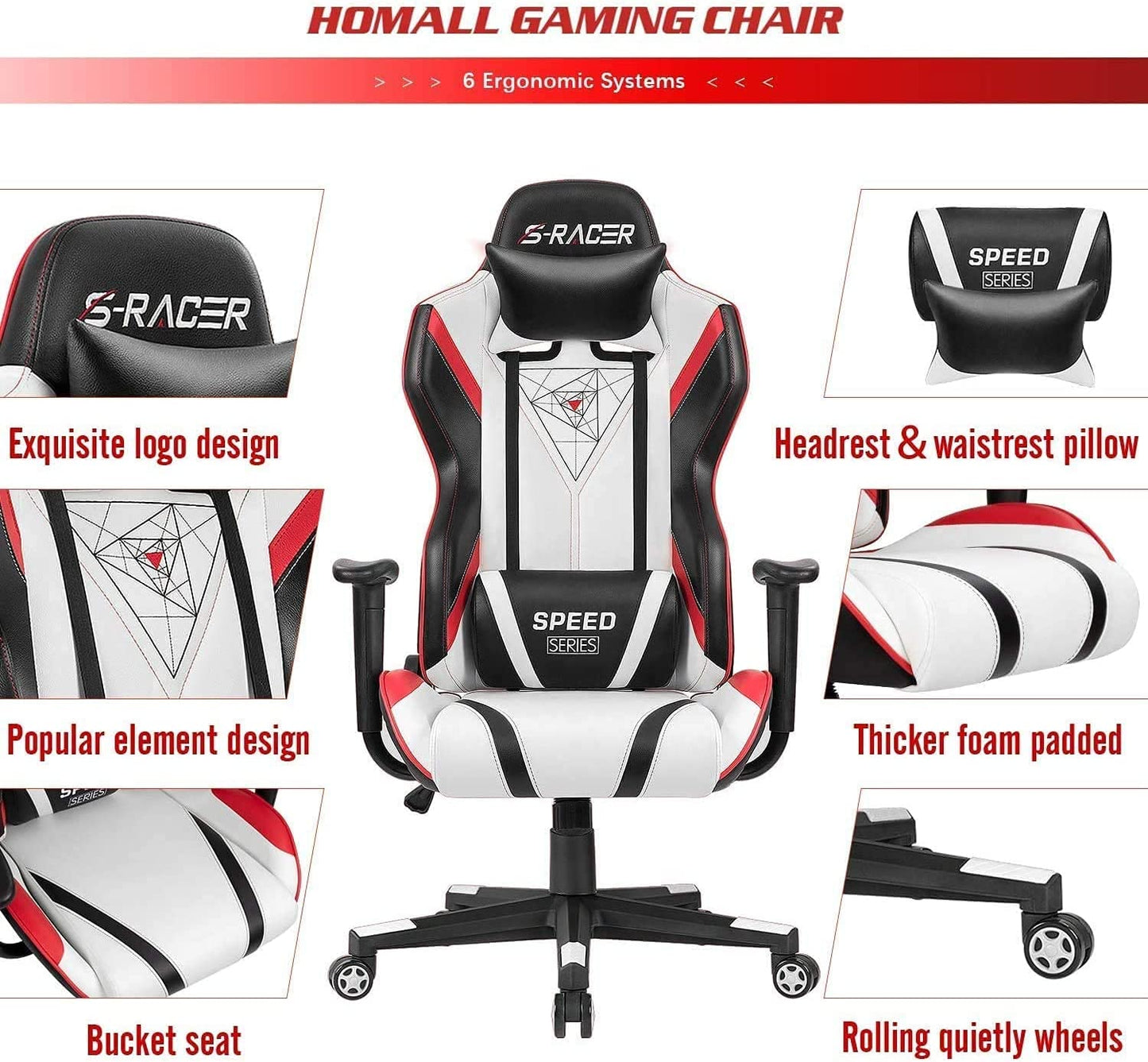 Gaming Chair Racing Office High Back PU Leather Chair Computer Desk Chair Video Game Chair Ergonomic Swivel Chair with Headrest and Lumbar Support (Black&White)