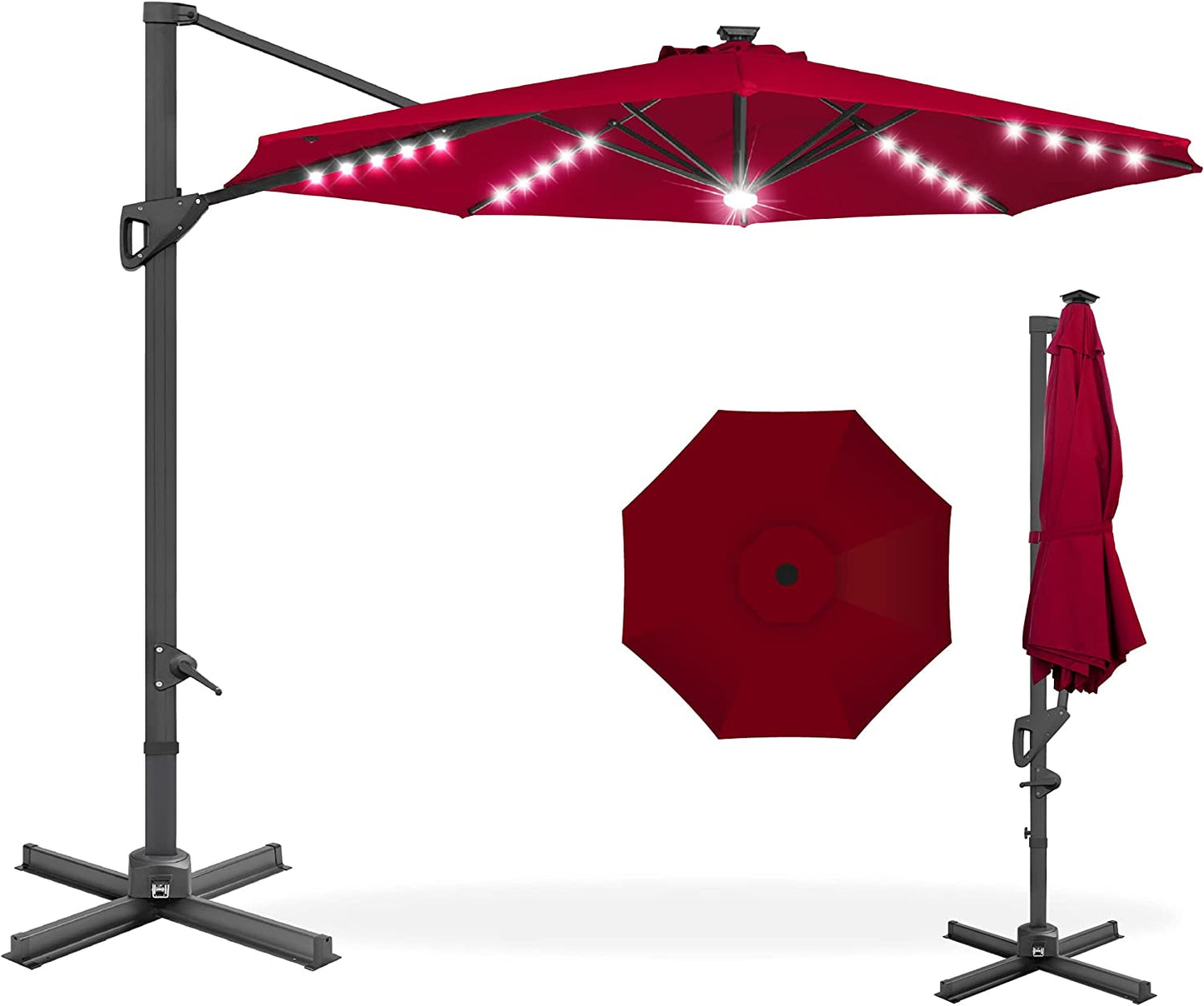 Solar LED Cantilever Patio Umbrella with Lights, 10 Foot Easy Tilt, and Cross Base, 360-Degree Hanging Offset Sun Shade for Backyard, Deck, and Poolside