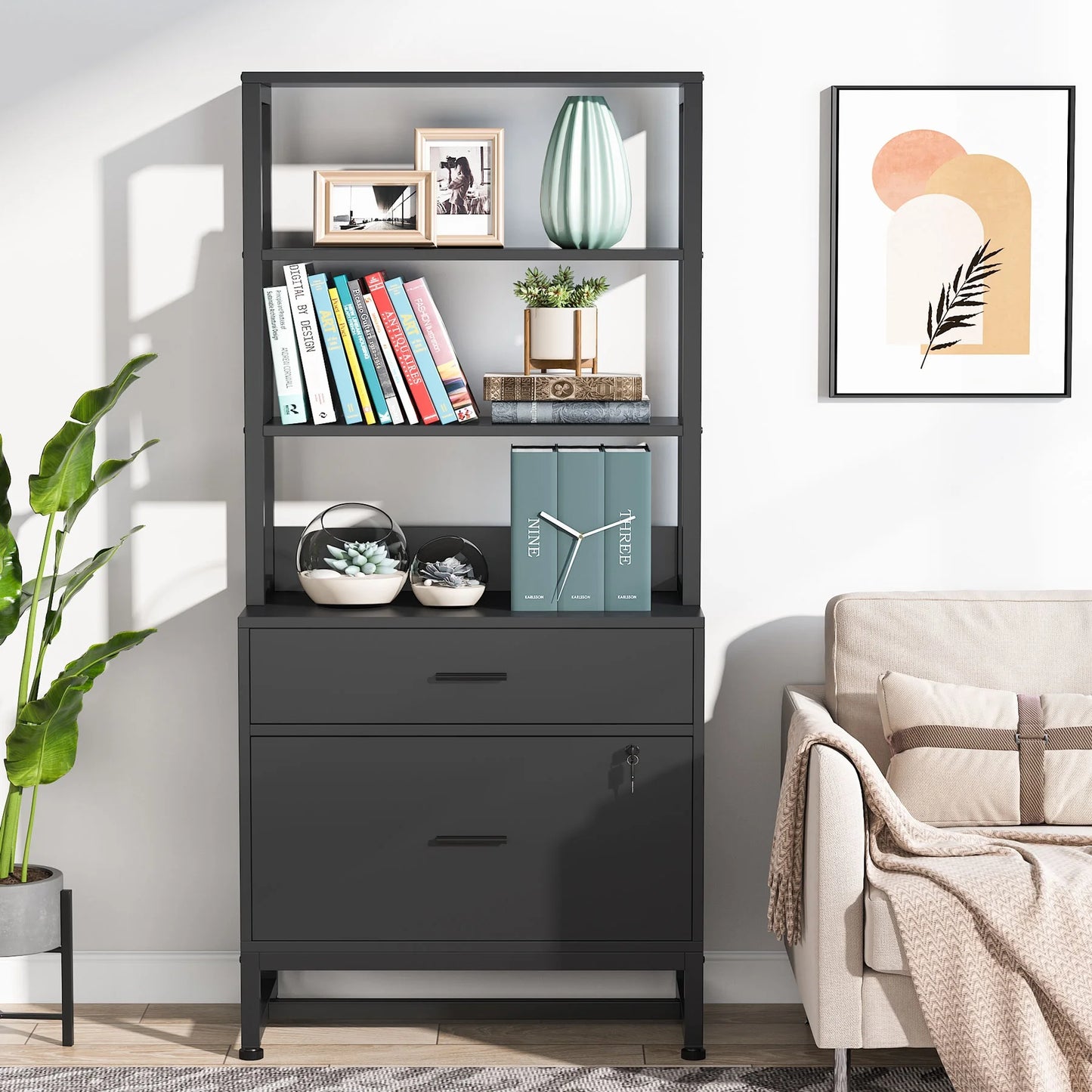 Co & Design 2 Drawer File Cabinet with Lock & Bookshelf, Letter Size Large Printer Stand