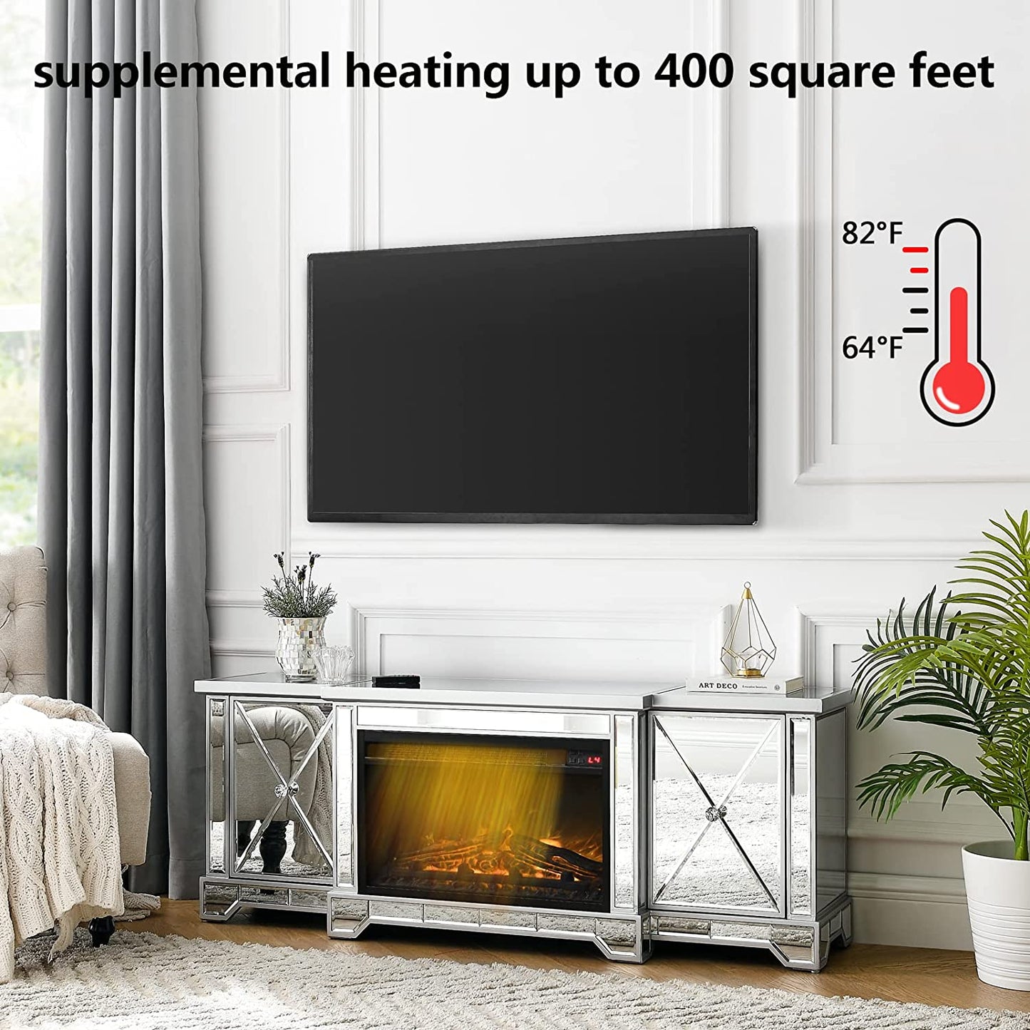 Co & Supply Mirrored Electric Fireplace TV Stand up to 65”, Mirrored TV Stand with 18” LED Fireplace and Remote