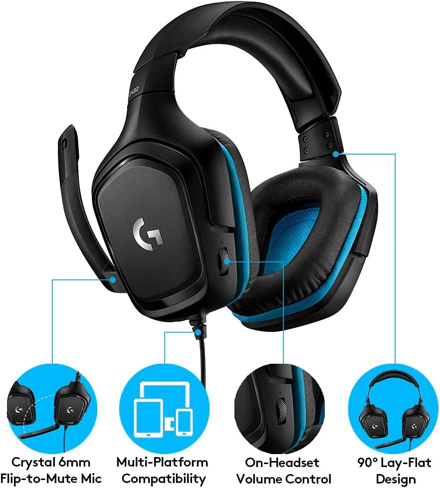 G432 Wired Gaming Headset, 7.1 Surround Sound, DTS Headphone:X 2.0, Flip-To-Mute Mic, PC (Leatherette) Black/Blue