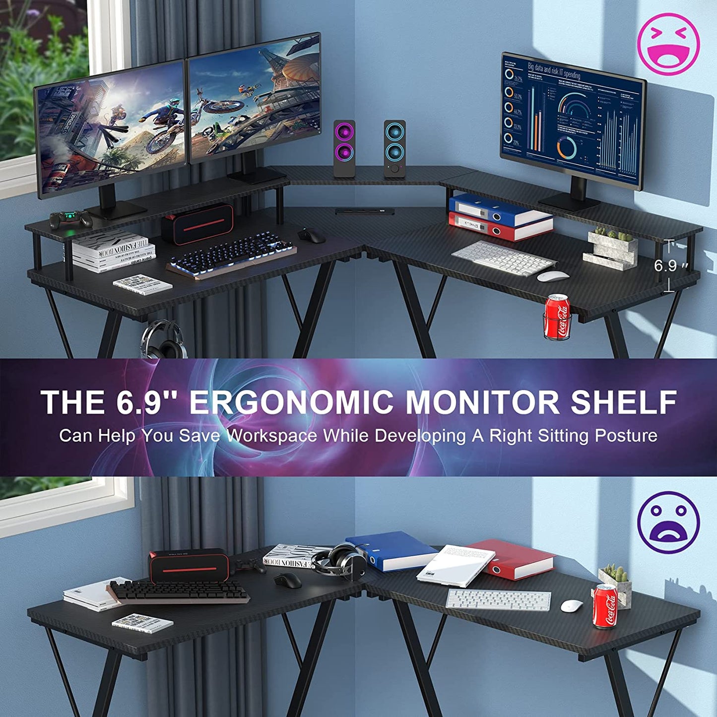 Gaming Desk with Led Lights and Power Strip L Shaped Desk Corner Computer Desk with Monitor Stand, Carbon Fiber Surface Gaming Table with Desk Accessories Cup Holder Headphone Hook, Black