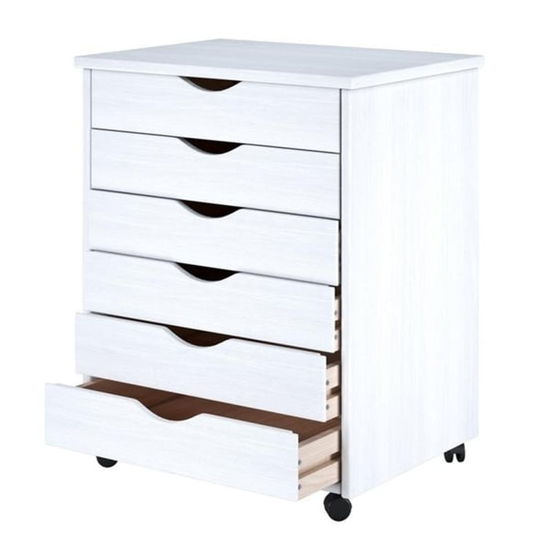 White Solid Wood 6-Drawer Wide Roll Cart