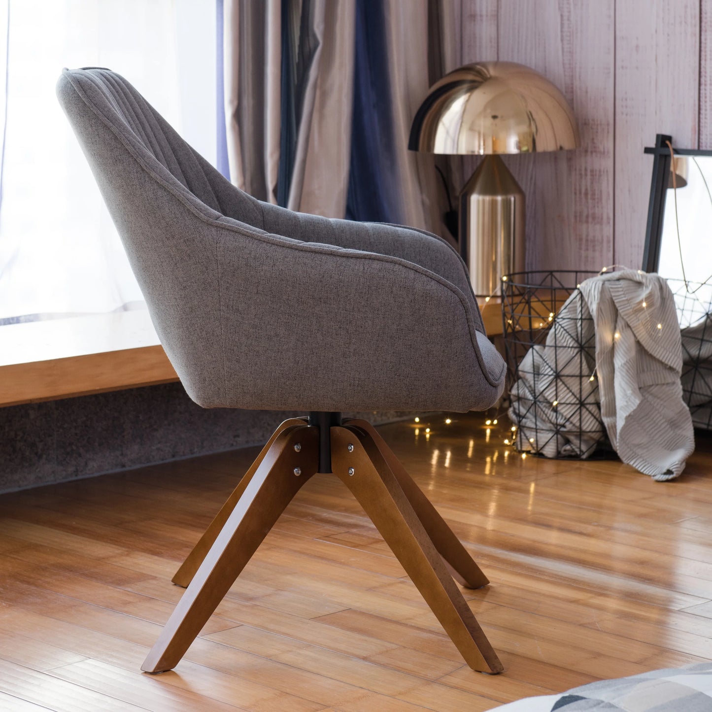 Modern Home Office Swivel Arm Accent Chair with Wood Legs