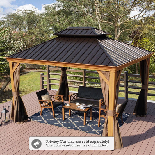 Kozyard Apollo Wood Looking 10Ft X 12Ft Aluminum Hardtop Gazebo with Galvanized Steel Roof and Mosquito Net