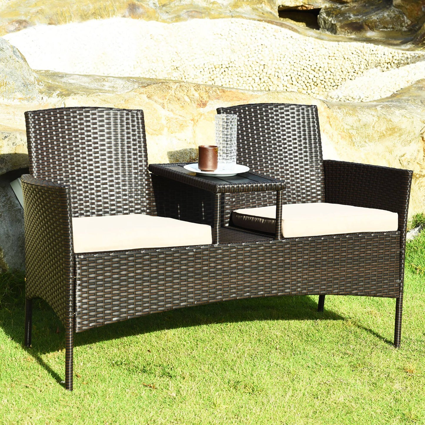 Patio Rattan Conversation Set Loveseat Sofa Cushioned Coffee