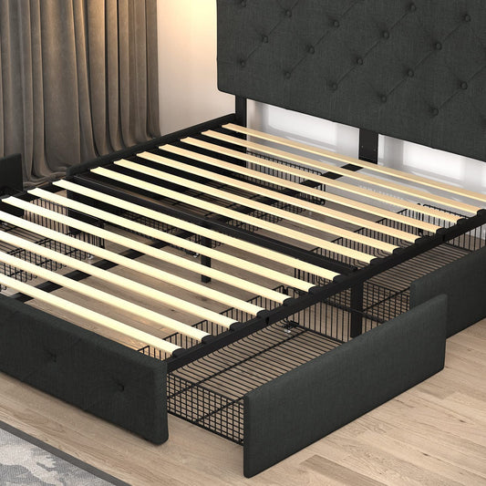 Queen Platform Bed Frame with 4 Drawers Storage and Headboard, Diamond Stitched Button Tufted Upholstered Mattress Foundation with Wood Slat Support, Dark Grey