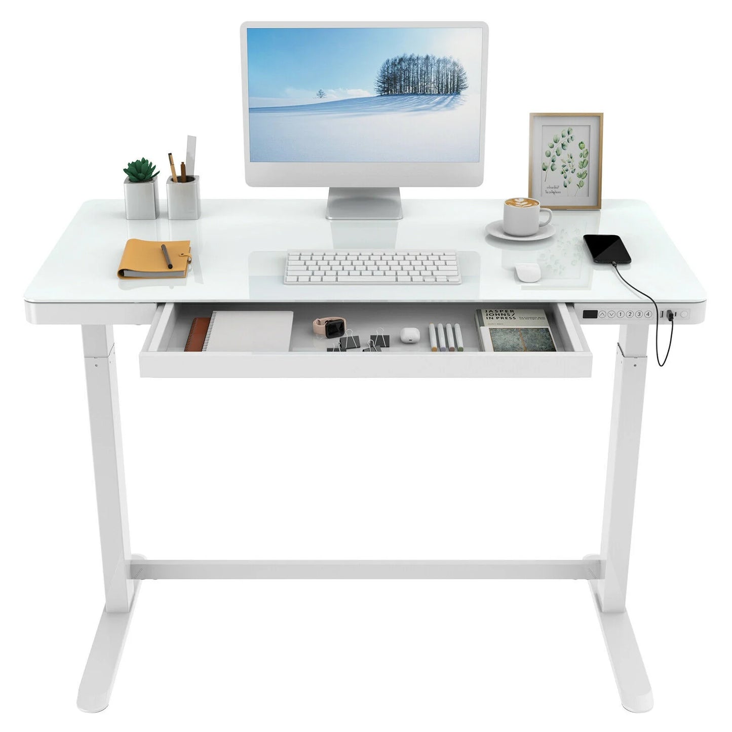 Home Office Electric Height Adjustable Desk 48" Width Standing Desk Computer Desk Glass Top with Drawer, USB Charged