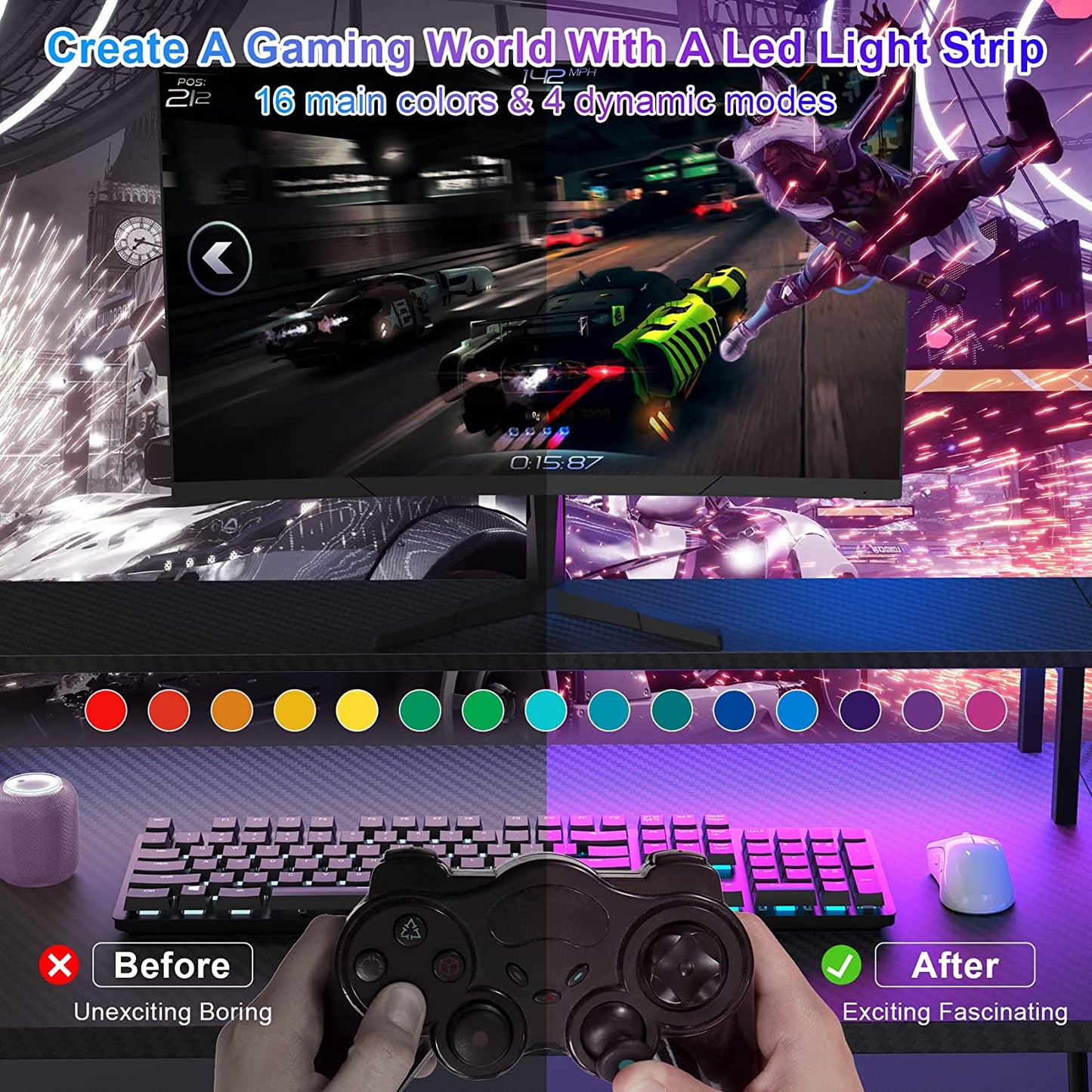 Gaming Desk with Led Lights and Power Strip L Shaped Desk Corner Computer Desk with Monitor Stand, Carbon Fiber Surface Gaming Table with Desk Accessories Cup Holder Headphone Hook, Black