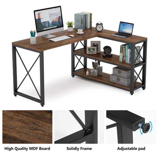 Industrial L-Shaped Desk with Storage Shelves, Corner Computer Desk PC Laptop Study Table Workstation