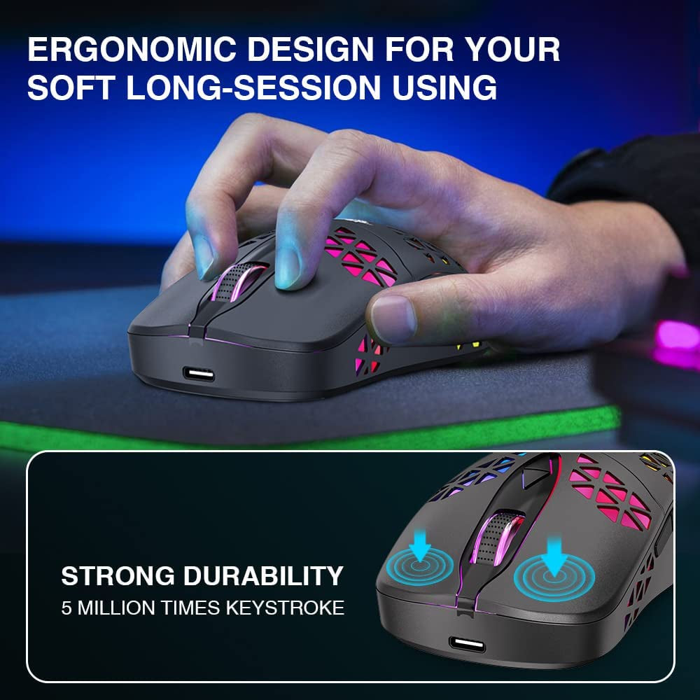 KM-3 Wireless Gaming Mouse, Rechargeable Computer Mouse USB Mice with Honeycomb Shell, 7 Programmed Buttons, 4 Adjustable DPI, BT5.0/ Bt3.0/2.4Ghz Wireless Mouse for Windows PC Mac
