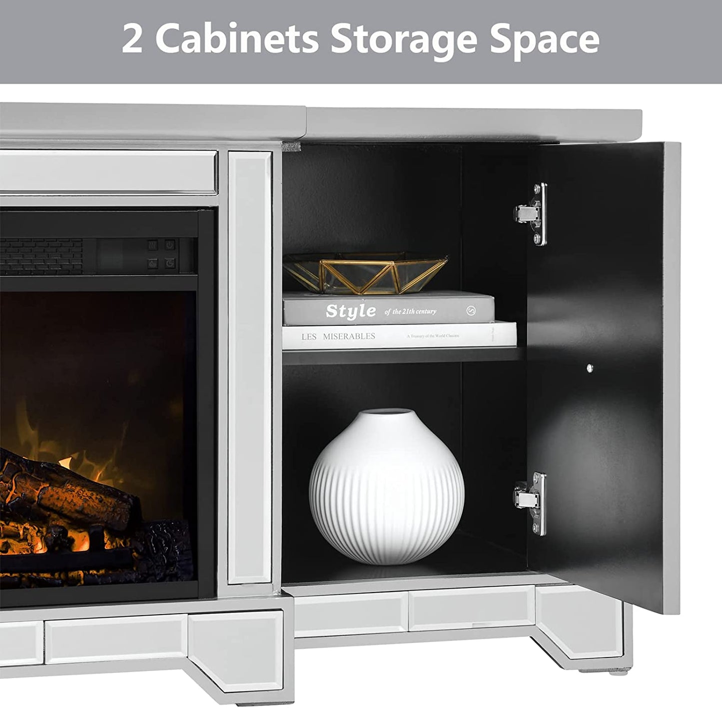Co & Supply Mirrored Electric Fireplace TV Stand up to 65”, Mirrored TV Stand with 18” LED Fireplace and Remote