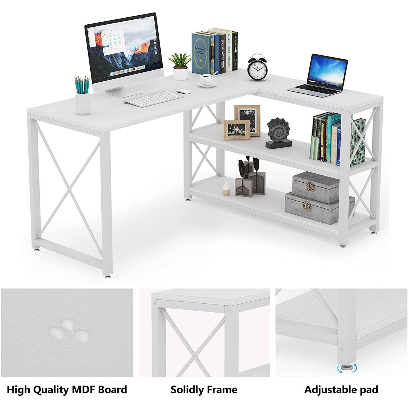 Industrial L-Shaped Desk with Storage Shelves, Corner Computer Desk PC Laptop Study Table Workstation