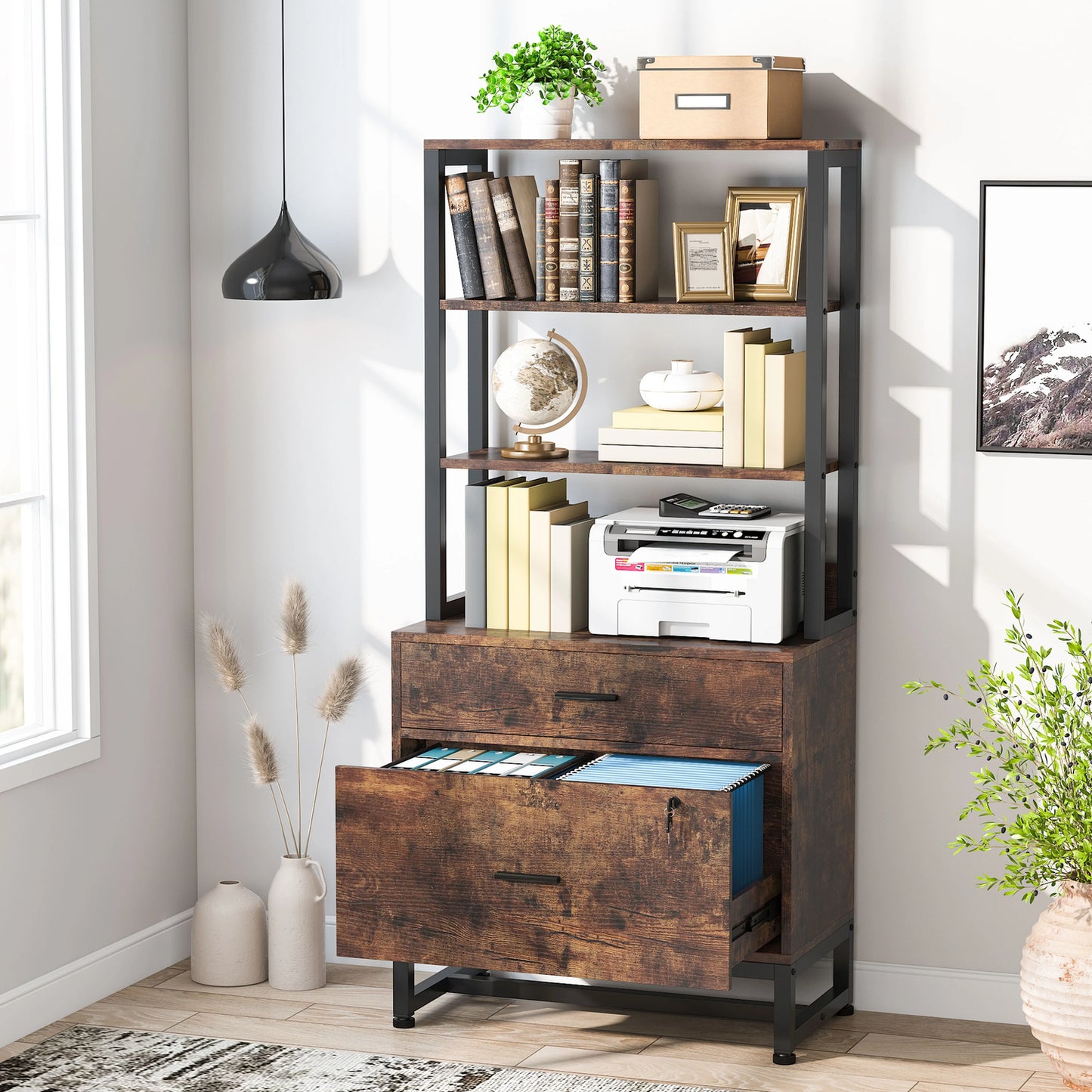 Co & Design 2 Drawer File Cabinet with Lock & Bookshelf, Letter Size Large Printer Stand