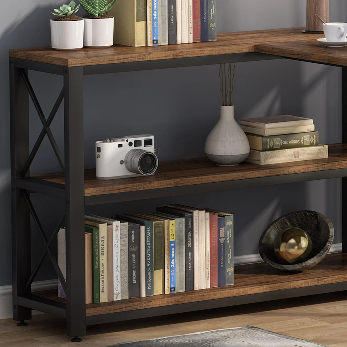 Industrial L-Shaped Desk with Storage Shelves, Corner Computer Desk PC Laptop Study Table Workstation