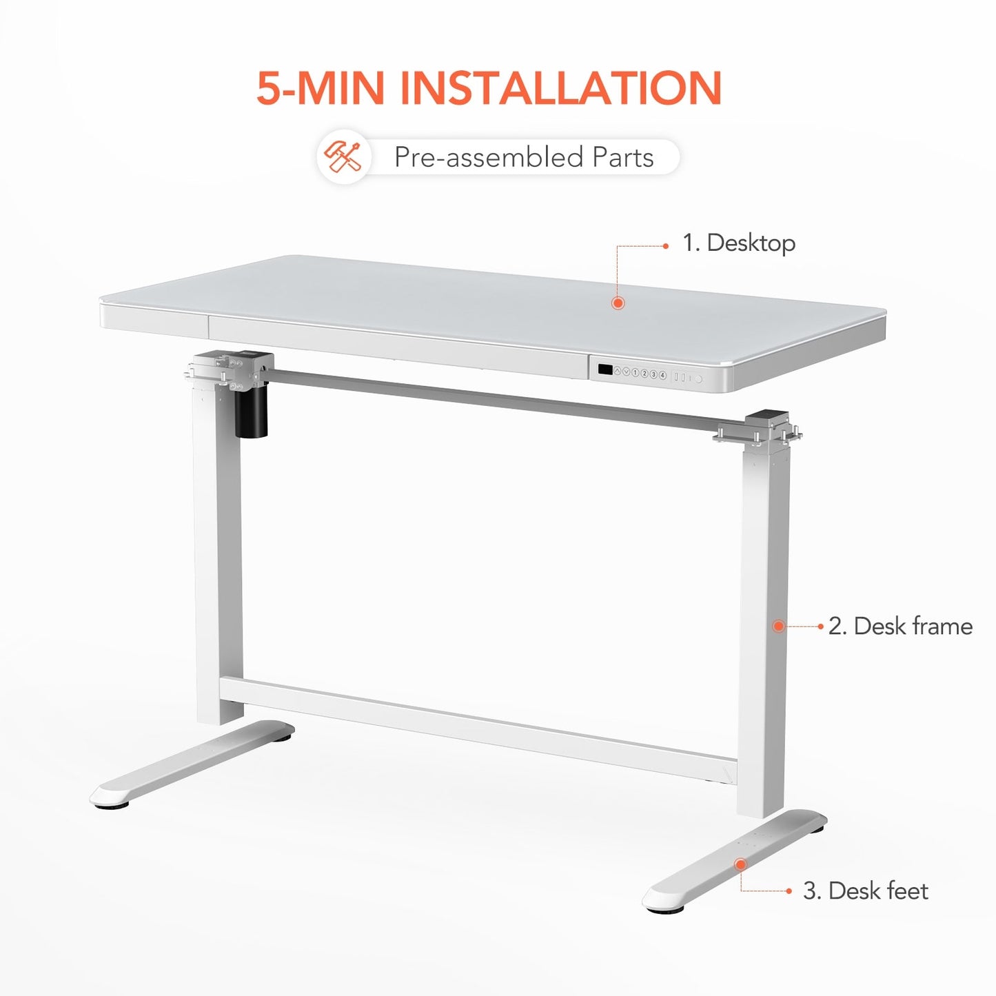 Home Office Electric Height Adjustable Desk 48" Width Standing Desk Computer Desk Glass Top with Drawer, USB Charged