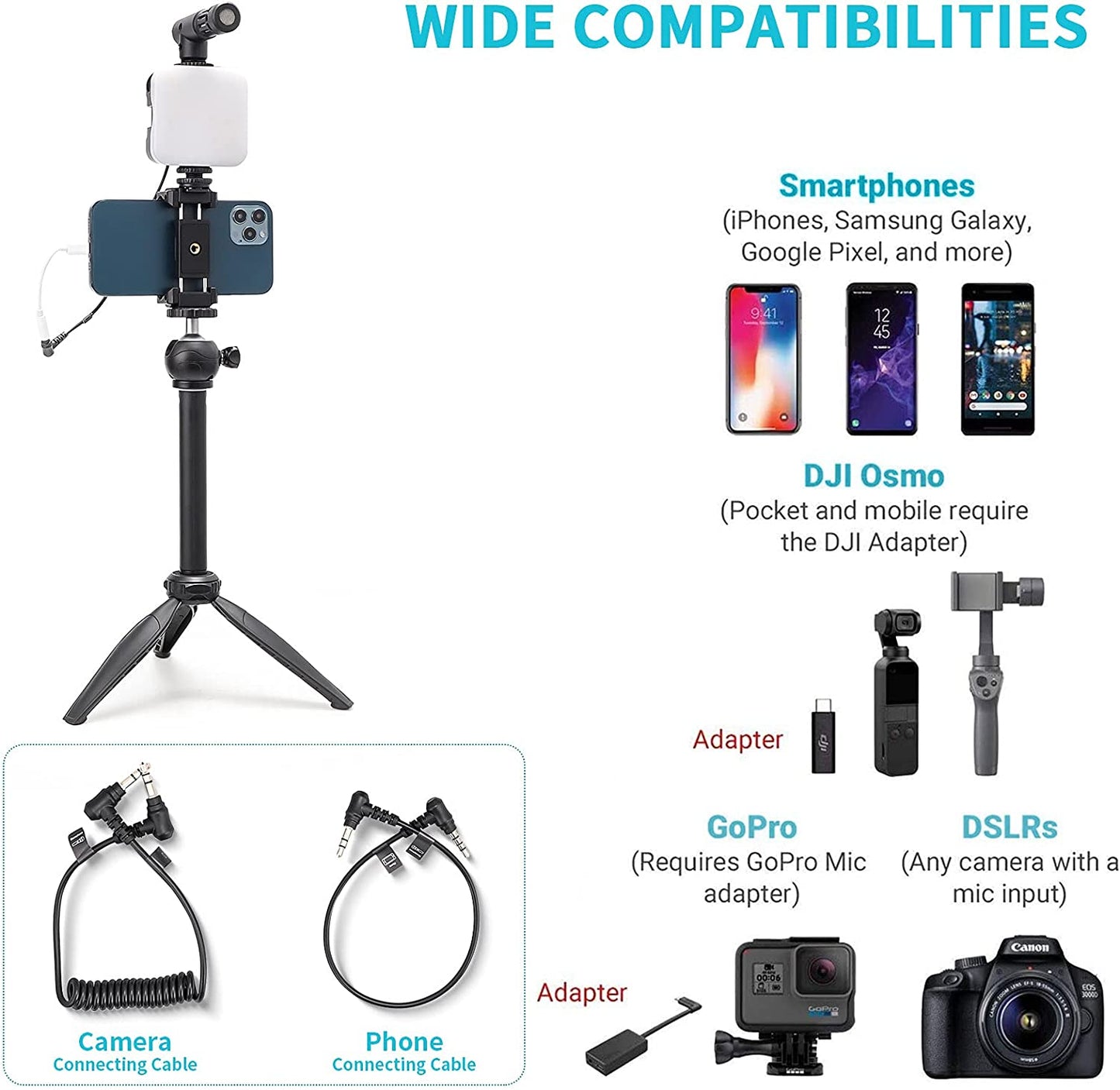Smartphone Vlogging Kit for Iphone13Promax,Youtube Starter Kit W/Phone Tripod Phone Microphone LED Light Extension Pole,Content Creator Video Kit for Live-Streaming,Youtube,Tiktok(Bsk-3)