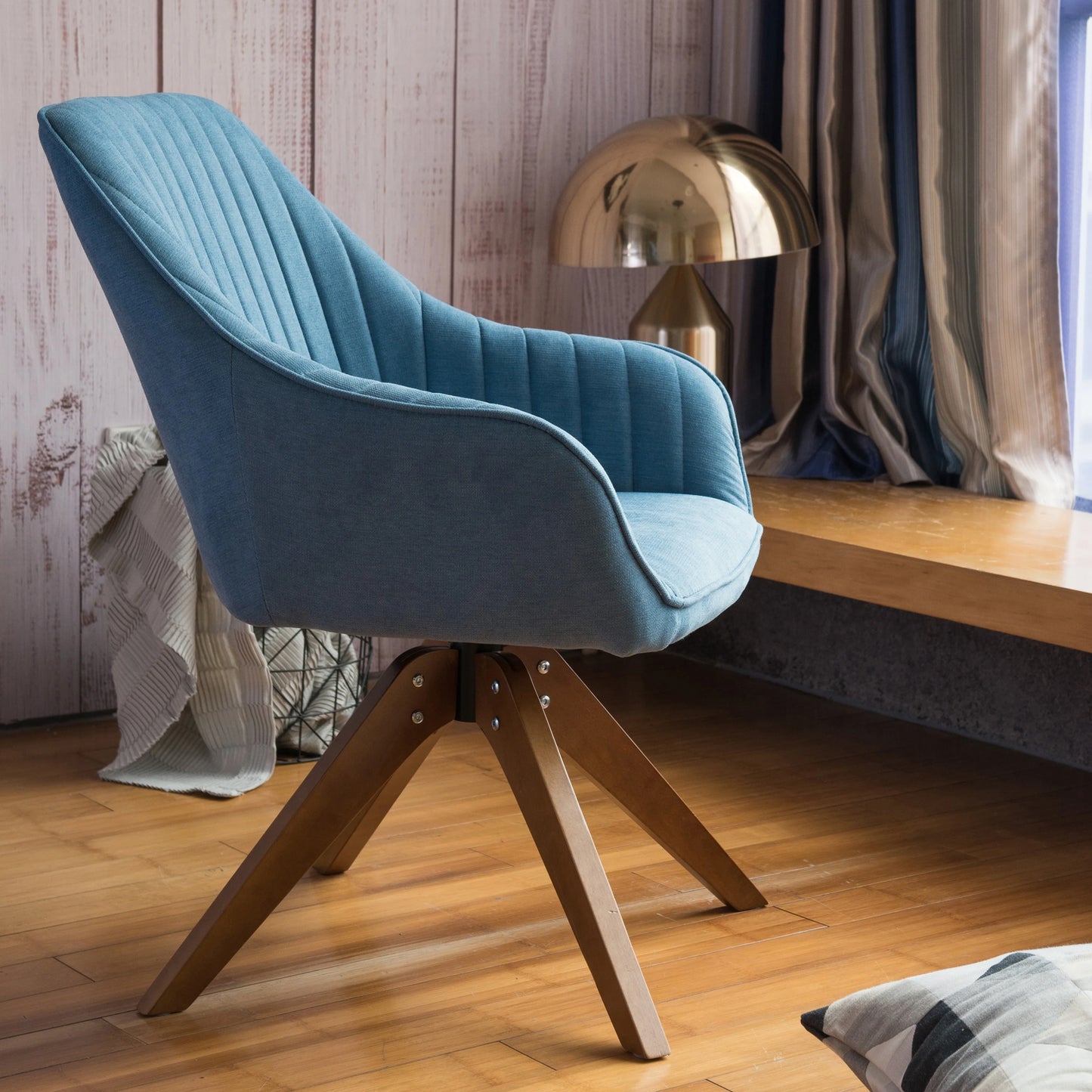 Modern Home Office Swivel Arm Accent Chair with Wood Legs