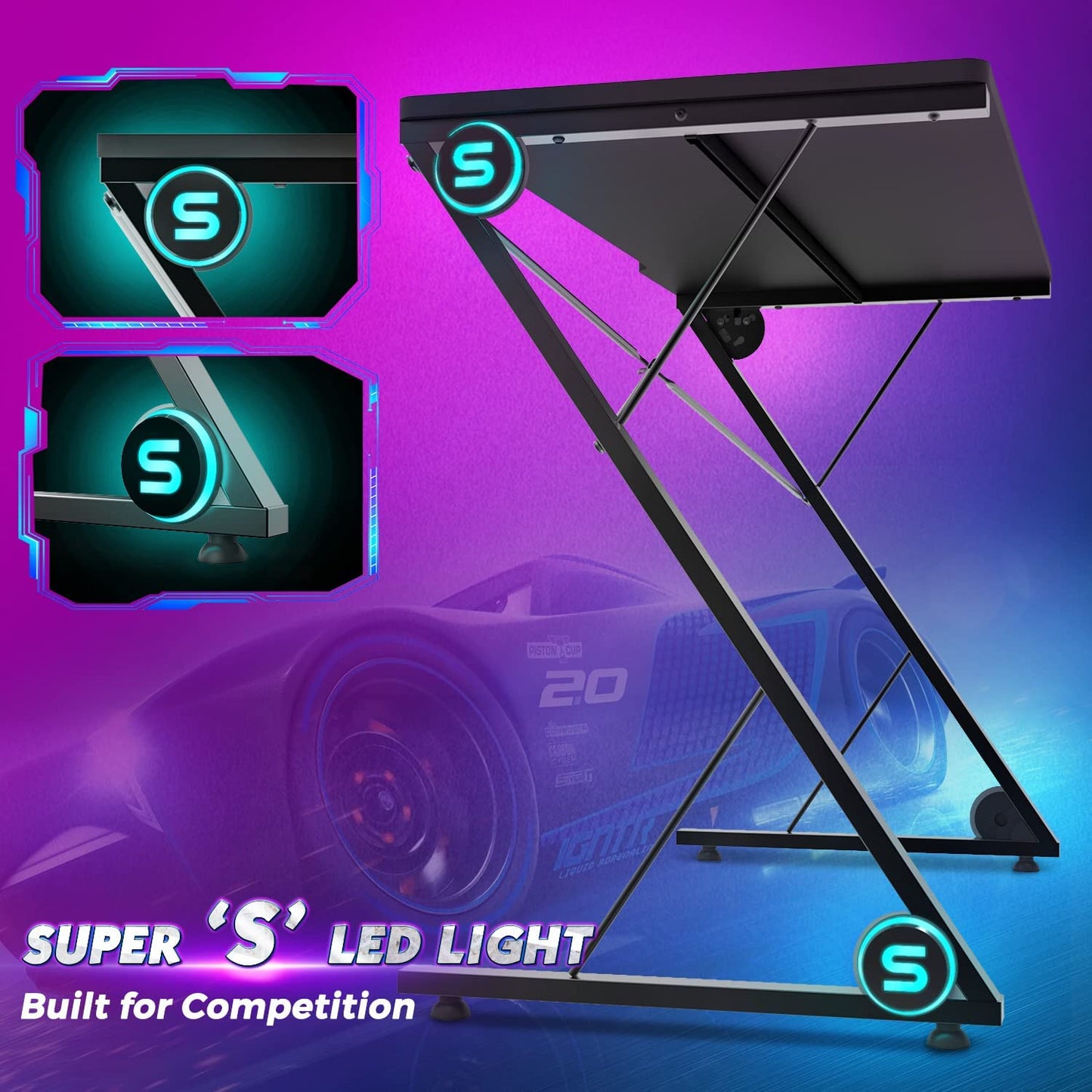 Gaming Desk, Z-Shaped Computer Desk PC Gaming Table, Black Gaming Desk with LED Lights, Home Office Work Desk for Small Spaces
