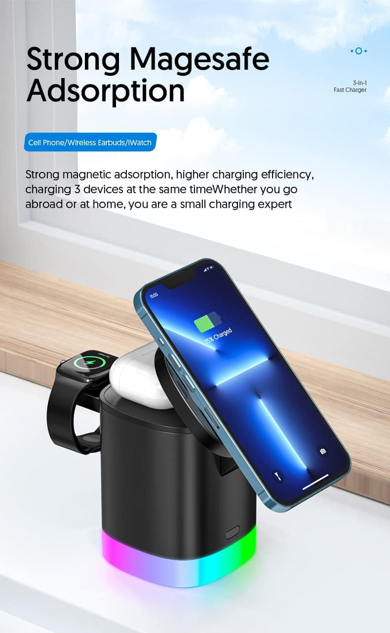 Magnetic Wireless Charging Station for Apple Series 3 in 1 Fast Mag-Safe Wireless Charger Stand for iPhone