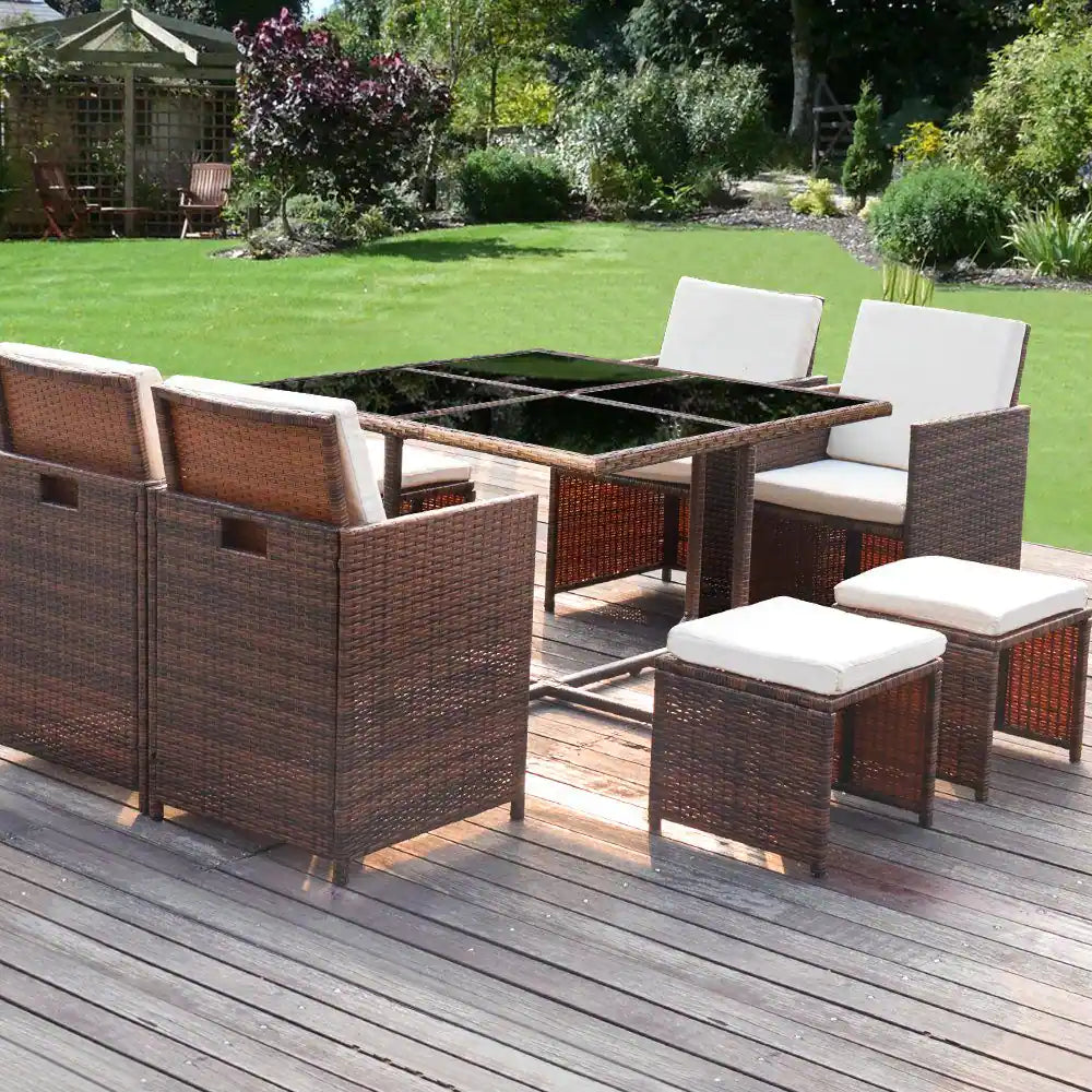 9 Pieces Patio Dining Sets Outdoor Space Saving Rattan Chairs with Glass Table Sectional Conversation Set with Cushions
