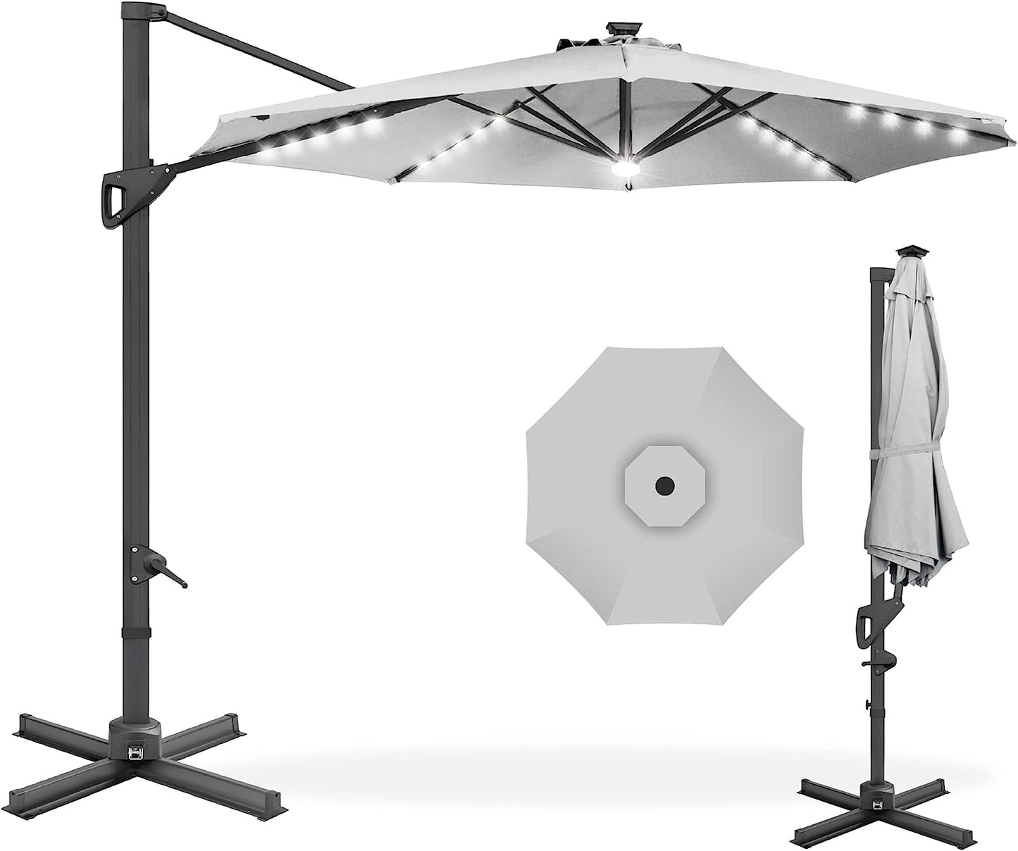 Solar LED Cantilever Patio Umbrella with Lights, 10 Foot Easy Tilt, and Cross Base, 360-Degree Hanging Offset Sun Shade for Backyard, Deck, and Poolside