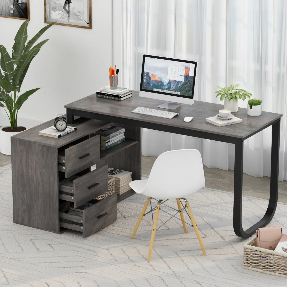 L-Shaped Executive Desk with 3 Drawers for Home and Office