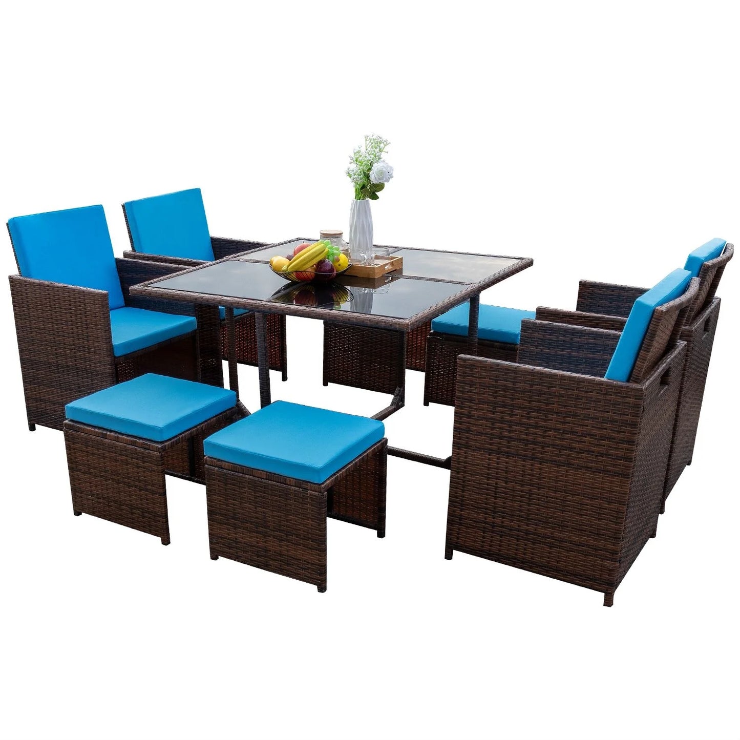 9 Pieces Patio Dining Sets Outdoor Space Saving Rattan Chairs with Glass Table Sectional Conversation Set with Cushions