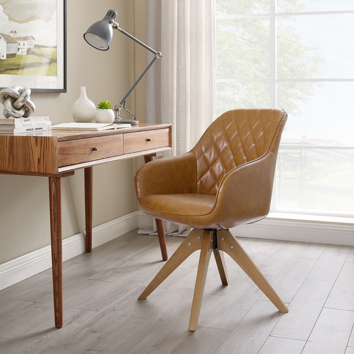 Modern Home Office Swivel Arm Accent Chair with Wood Legs