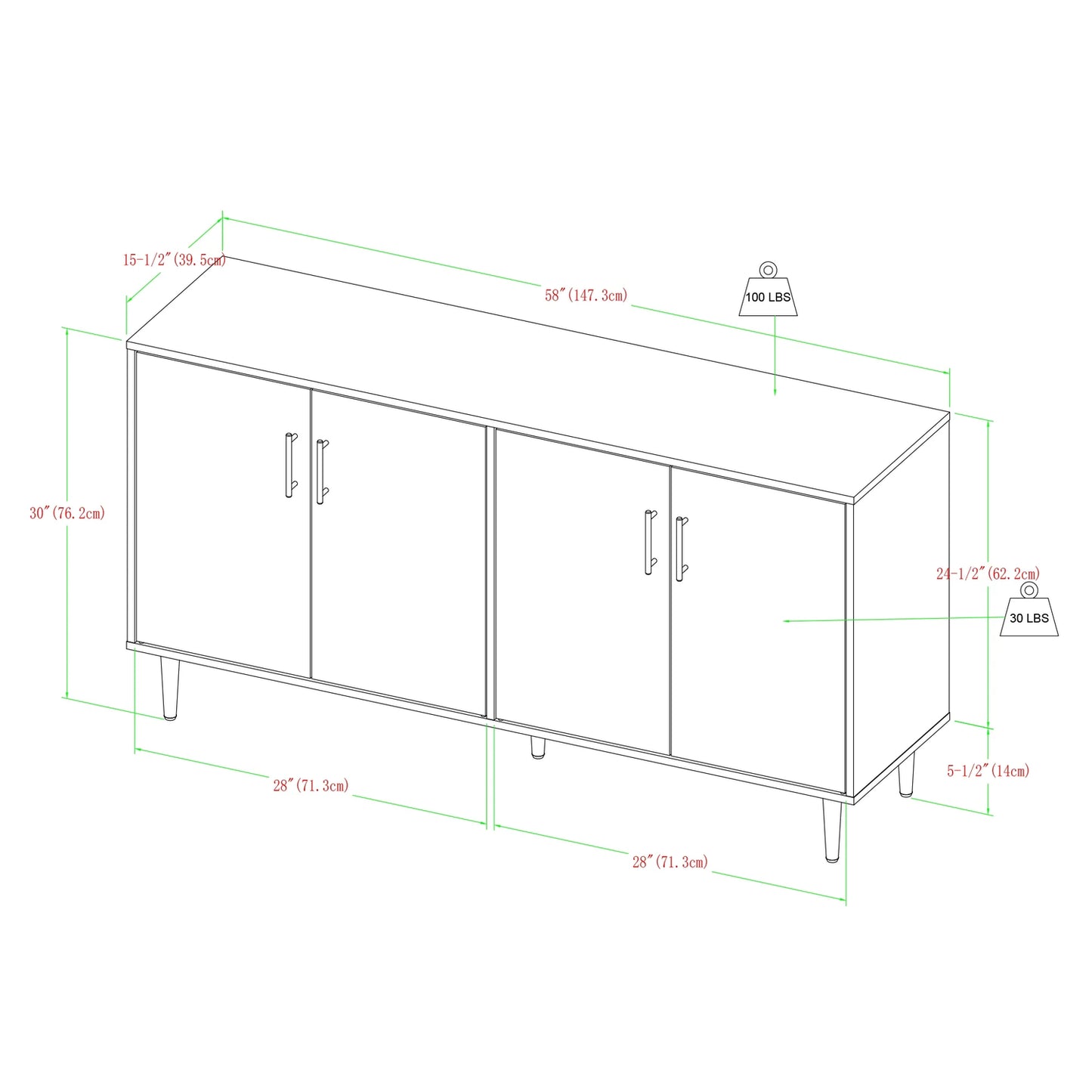 MiddleCass 58-Inch Mid-Century Modern 4-Door Buffet