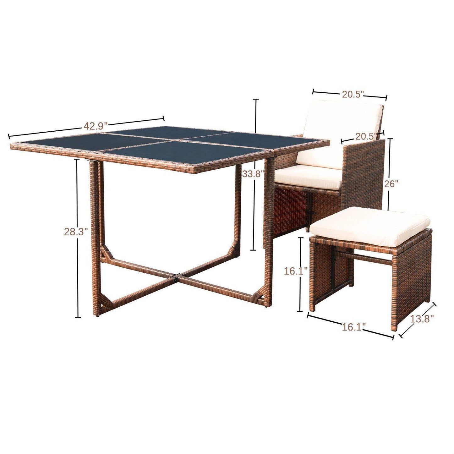 9 Pieces Patio Dining Sets Outdoor Space Saving Rattan Chairs with Glass Table Sectional Conversation Set with Cushions