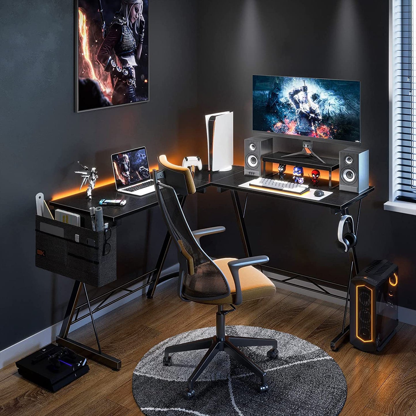 L Shaped Gaming Desk, Home Office Desk with round Corner, Computer Desk with Large Monitor Stand Desk Workstation