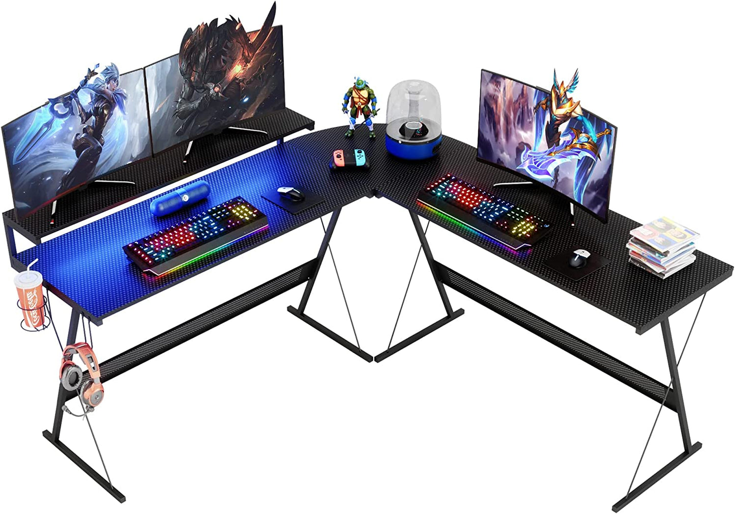 Gaming Desk 55 Inch LED L Shaped Computer Corner Desk with 36" Large Monitor Shelf Gamer Desk Workstation Reversible 72" Long Desk for 2 Persons Cup Holder Headset Hook, Carbon Fiber Black