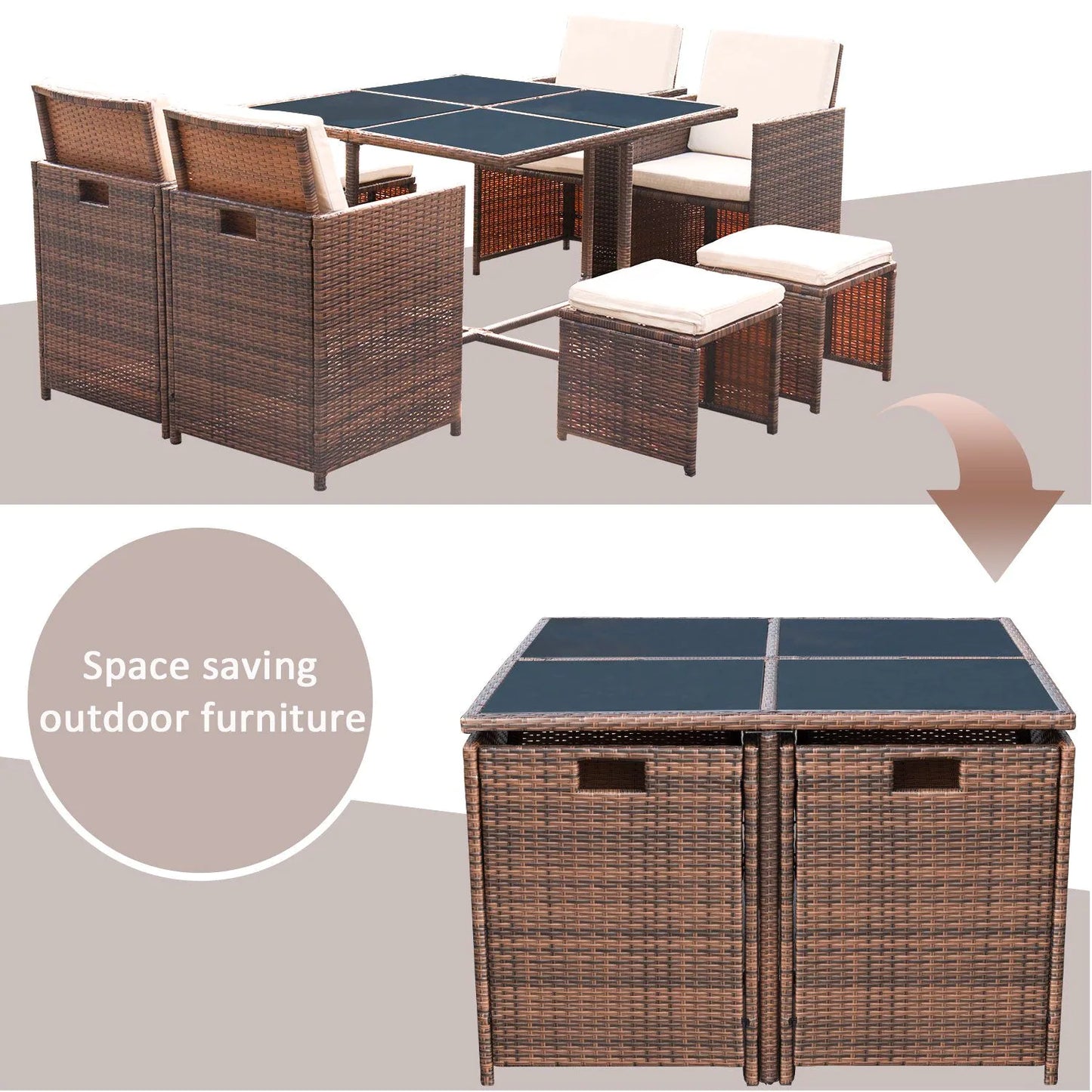 9 Pieces Patio Dining Sets Outdoor Space Saving Rattan Chairs with Glass Table Sectional Conversation Set with Cushions