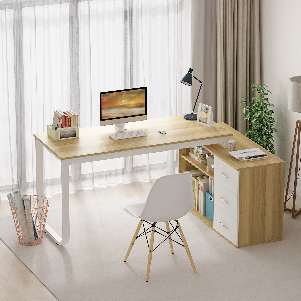 L-Shaped Executive Desk with 3 Drawers for Home and Office