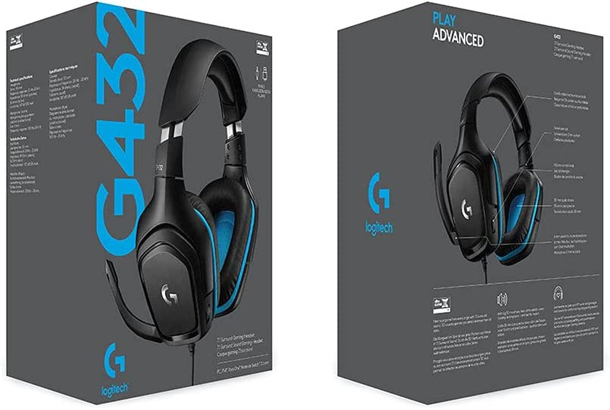 G432 Wired Gaming Headset, 7.1 Surround Sound, DTS Headphone:X 2.0, Flip-To-Mute Mic, PC (Leatherette) Black/Blue