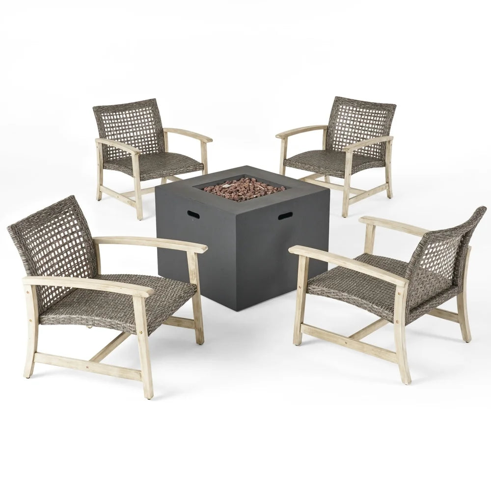Augusta Outdoor 5 Piece Wood and Wicker Club Chairs and Fire Pit Set by