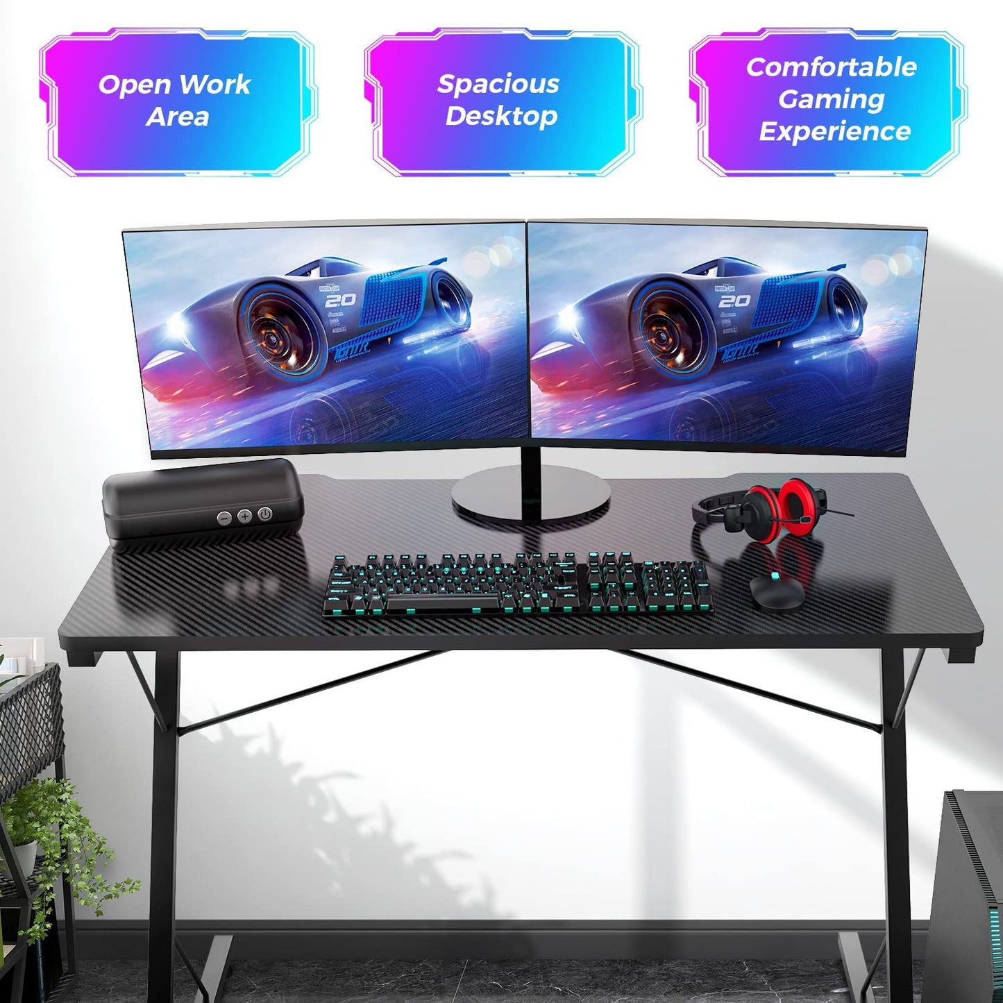 Gaming Desk, Z-Shaped Computer Desk PC Gaming Table, Black Gaming Desk with LED Lights, Home Office Work Desk for Small Spaces