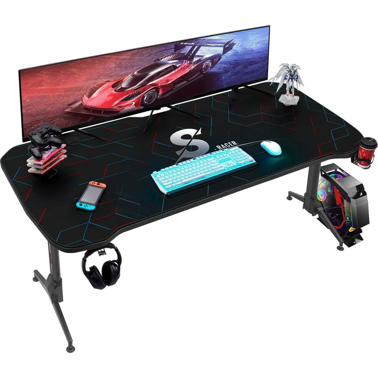 Height Adjustable Gaming Desk 63 Inch T Shape Pc Computer Desk Office Worksation